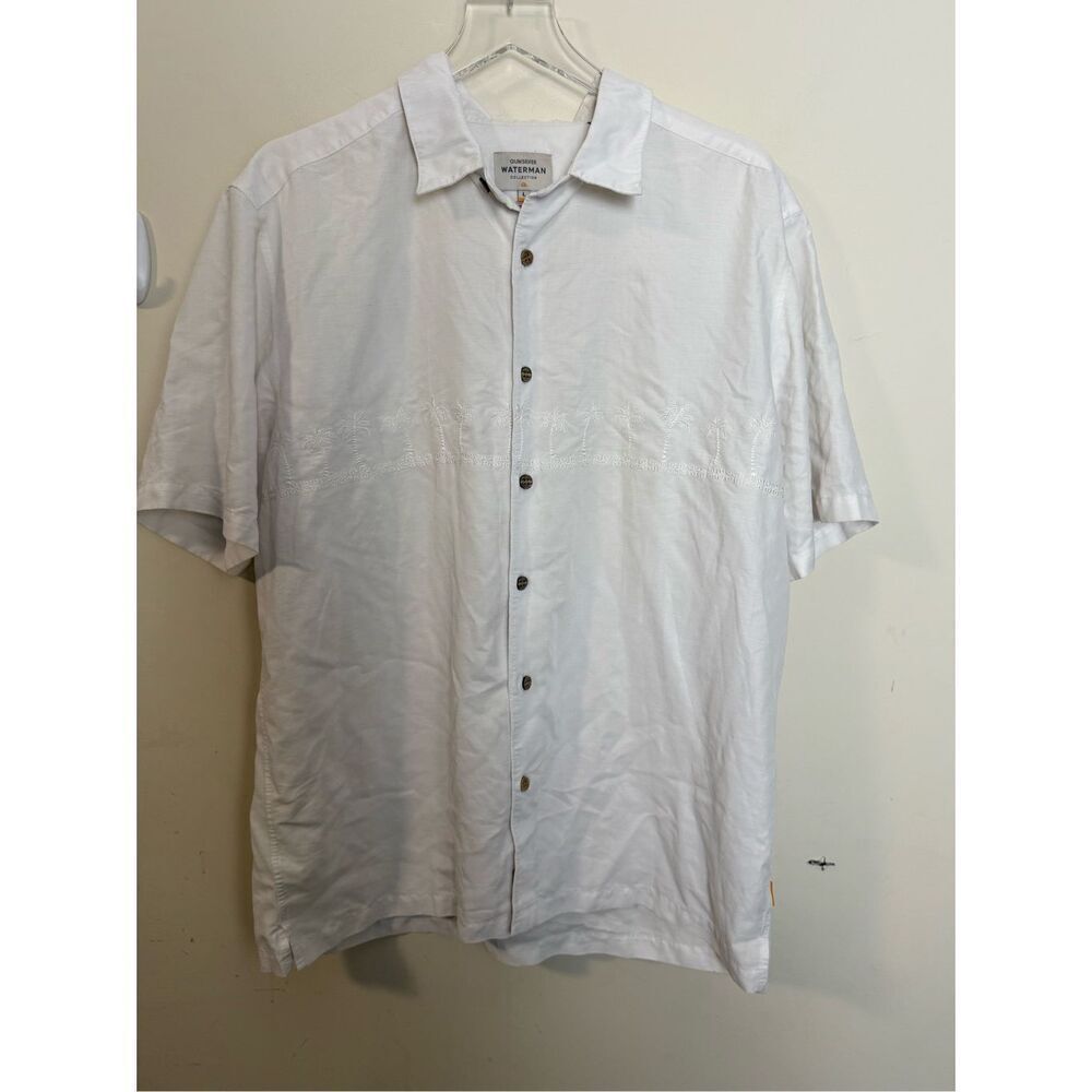 Waterman Quiksilver Men's Tahiti Palms Short Sleeve Shirt White Large Comfort Fi